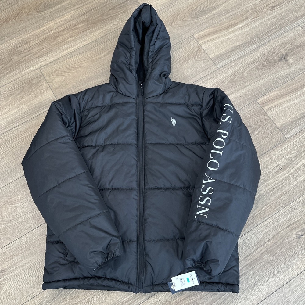 NWT XL US Polo Assn Puffer Jacket Black Logo Sleeve Hood Zip Pockets Lined NWT